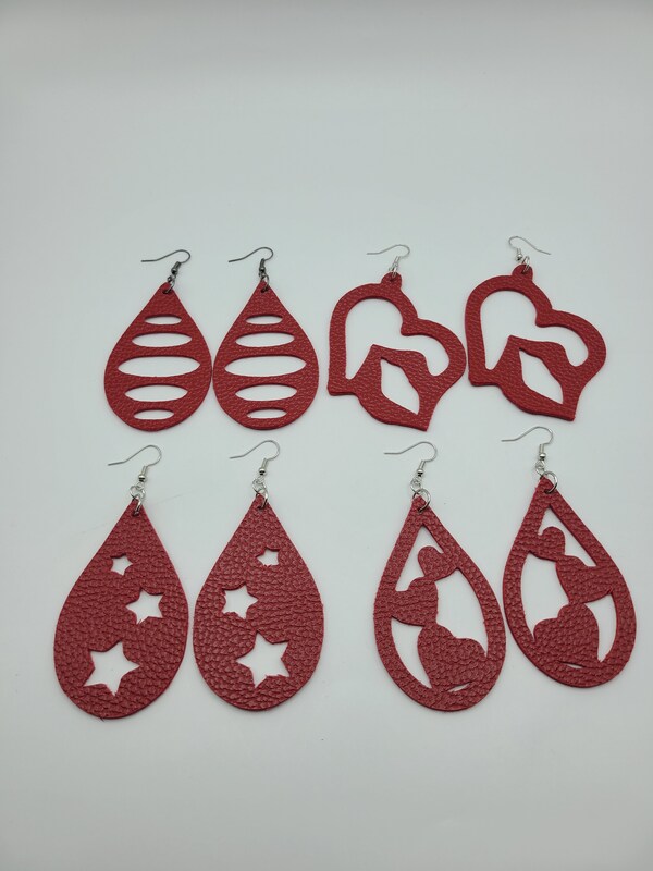 Faux Leather Earrings, Dangle Earrings, Unique, Birthday Gifts, Valentine Day Gift, Fun and Trendy, Lightweight, Red Hearts, Teardrop Shape